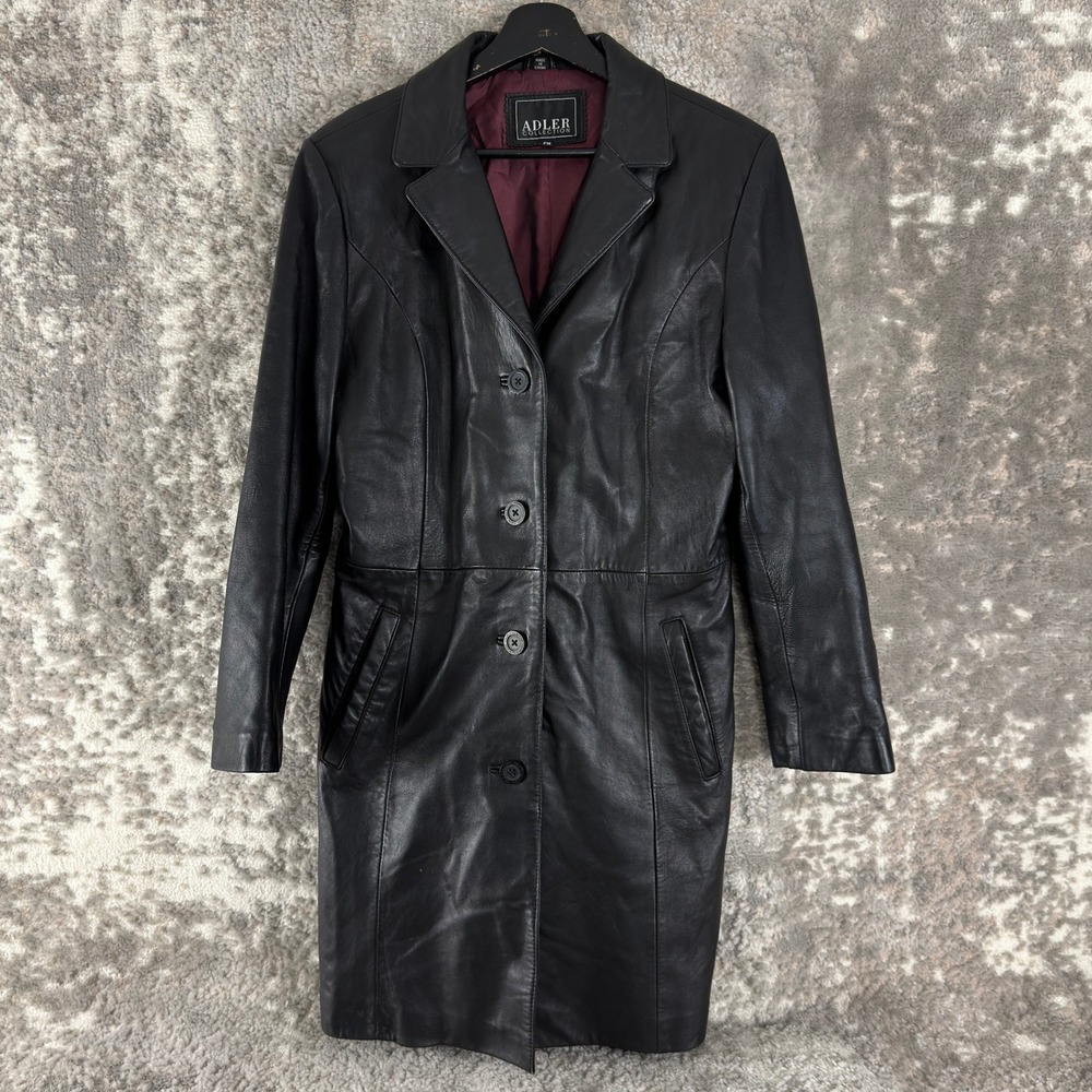 Adler Petites Sz Mp Genuine Lambskin Leather Trench Coat Black Long Sleeve Women